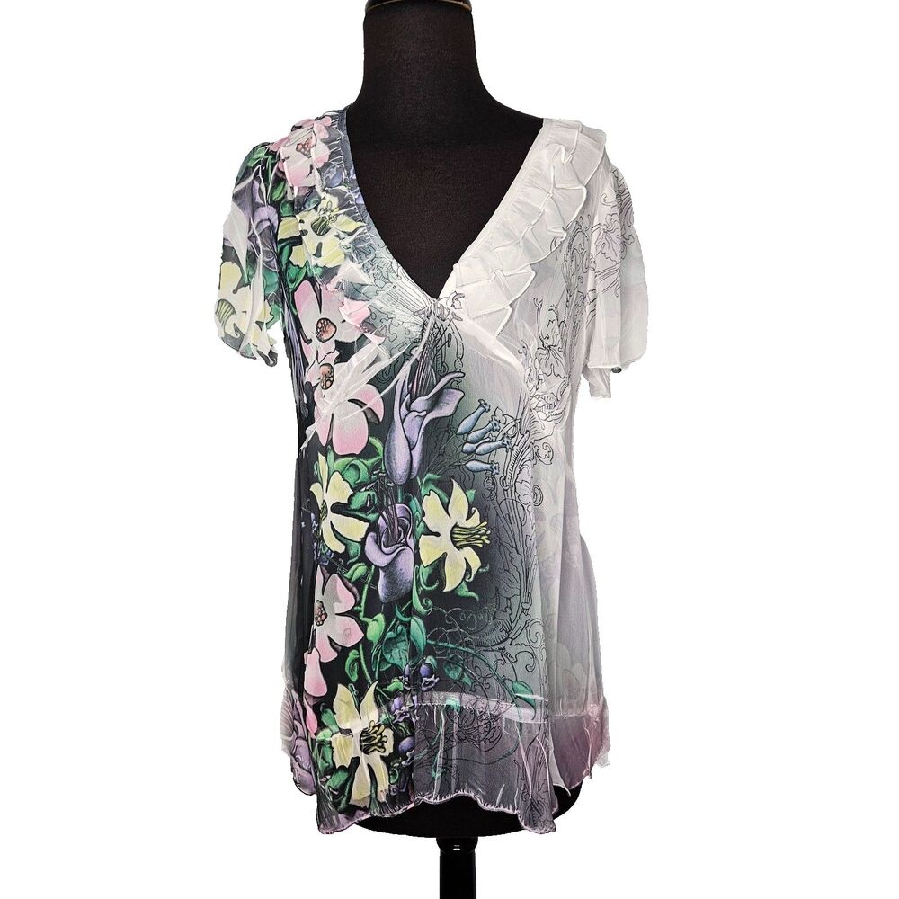Daniel Benjamin Sheer Tunic Top Fairy V-Neck Empire Waist Ruffle Floral Ethereal